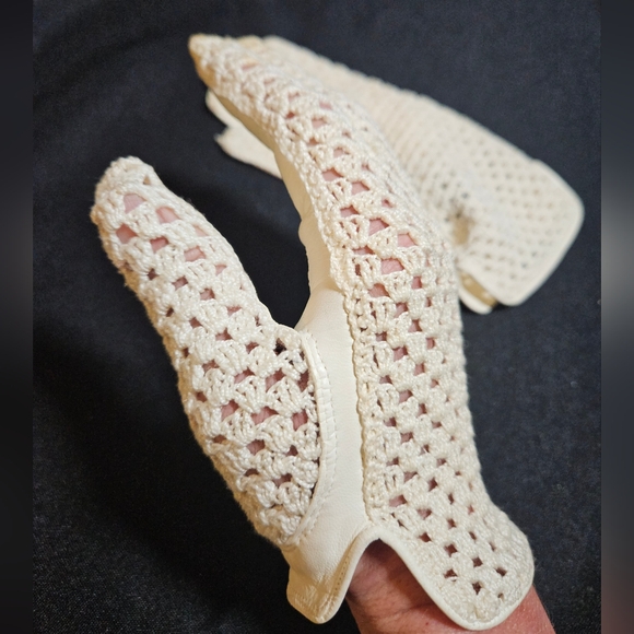 50s 60s Grandoe Leather & Crochet Cream Cottagecore Gloves Made in Itlay - Picture 5 of 15
